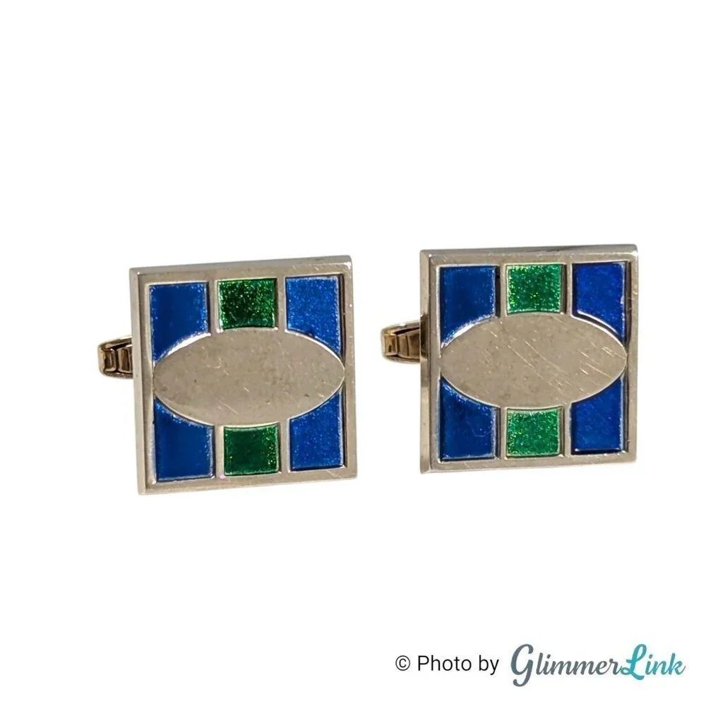 Vintage Foster Blue & Green Square Geometric Art Deco Style Gold Tone Cufflinks